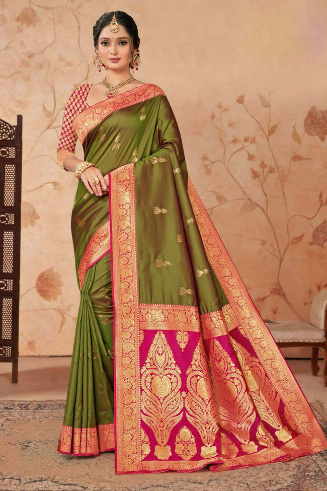 Dusty Green With Pink Woven Art Silk Saree