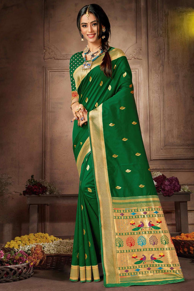 Forest Green Paithani Silk Saree And Blouse Piece