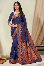 Navy Blue Woven Art Silk Saree With Blouse Piece