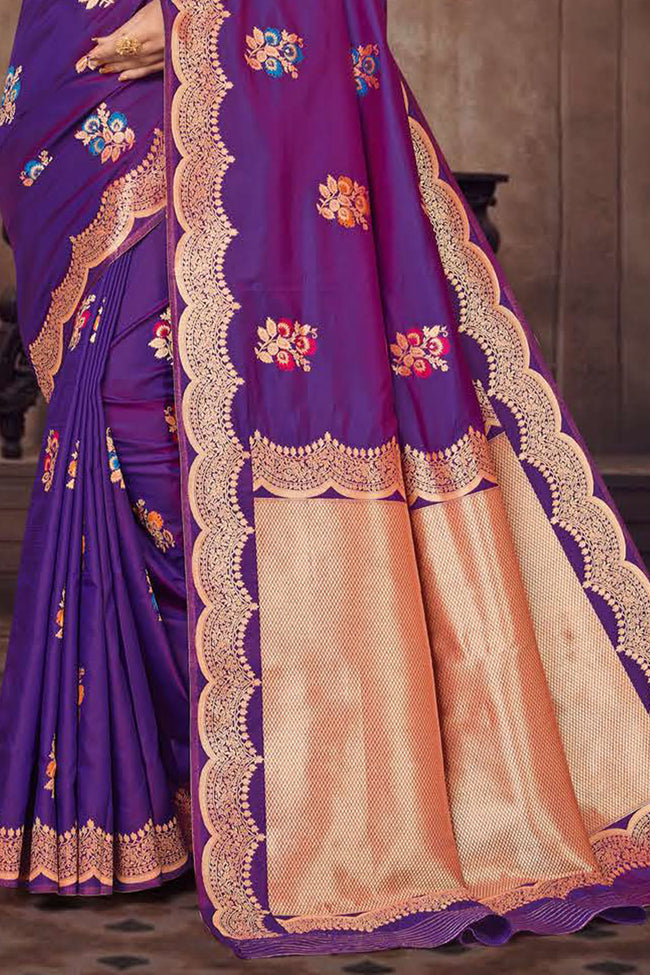 Purple Embroidered Art Silk Saree With Blouse Piece