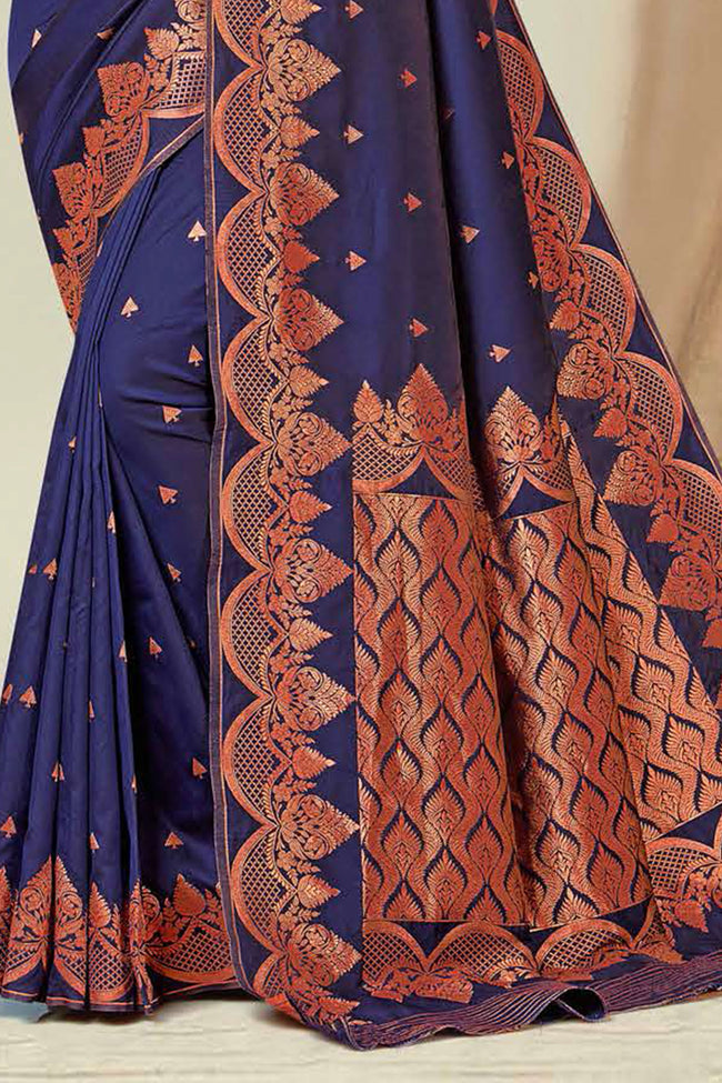 Navy Blue Woven Art Silk Saree With Blouse Piece