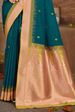 Dark Turquoise With Mustard Border Silk Traditional Saree