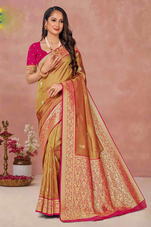 Mustard With Red Weaving Work Festive Wear Saree