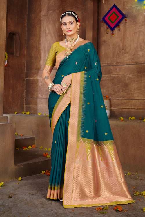 Dark Turquoise With Mustard Border Silk Traditional Saree