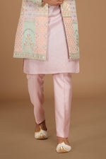 Candy Pink Jacket Style Multi Color Embroidered Indowestern Set For Men