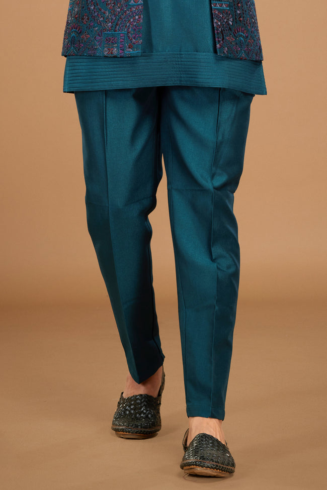Peacock Blue Jacket Style Embroidered Indowestern Set For Men