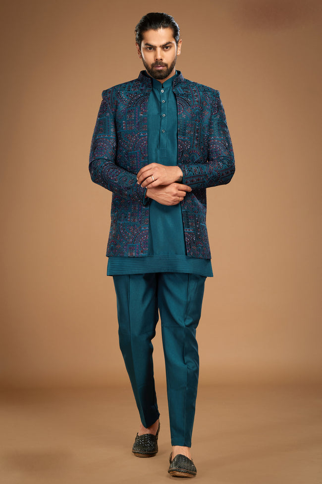 Peacock Blue Jacket Style Embroidered Indowestern Set For Men