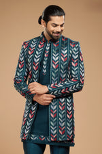 Dark Teal Embroidered Jacket Style Indowestern Set For Men