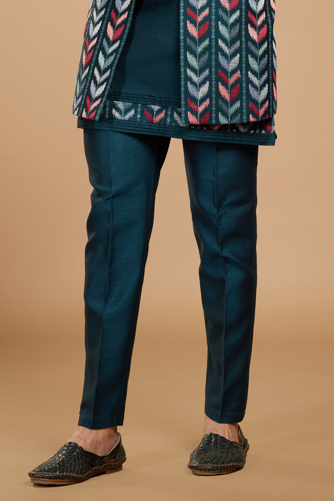 Dark Teal Embroidered Jacket Style Indowestern Set For Men