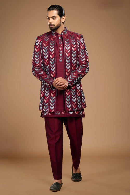 Dark Maroon Embroidered Jacket Style Indowestern Set For Men