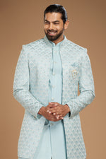 Sea Green Jacket Style Thread Embroidered Indowestern Set For Men