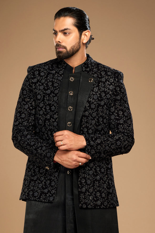 Black Embroidered Jacket Style Indowestern Set For Men