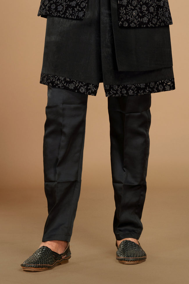 Black Embroidered Jacket Style Indowestern Set For Men