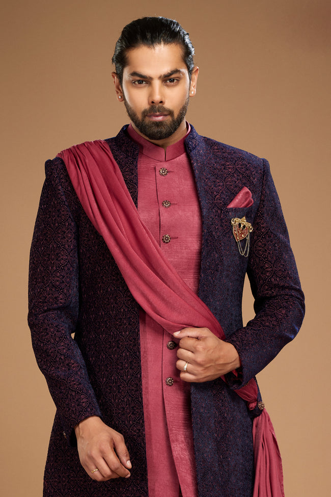 Navy Blue With Peach Embroidered Indowestern Set For Men