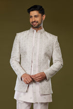 Cream Jacket Style Indowestern Set In Silk For Men
