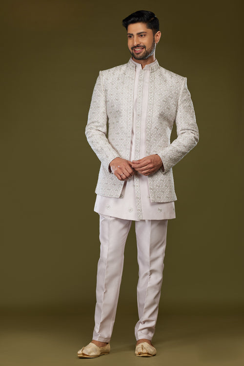 Cream Jacket Style Indowestern Set In Silk For Men
