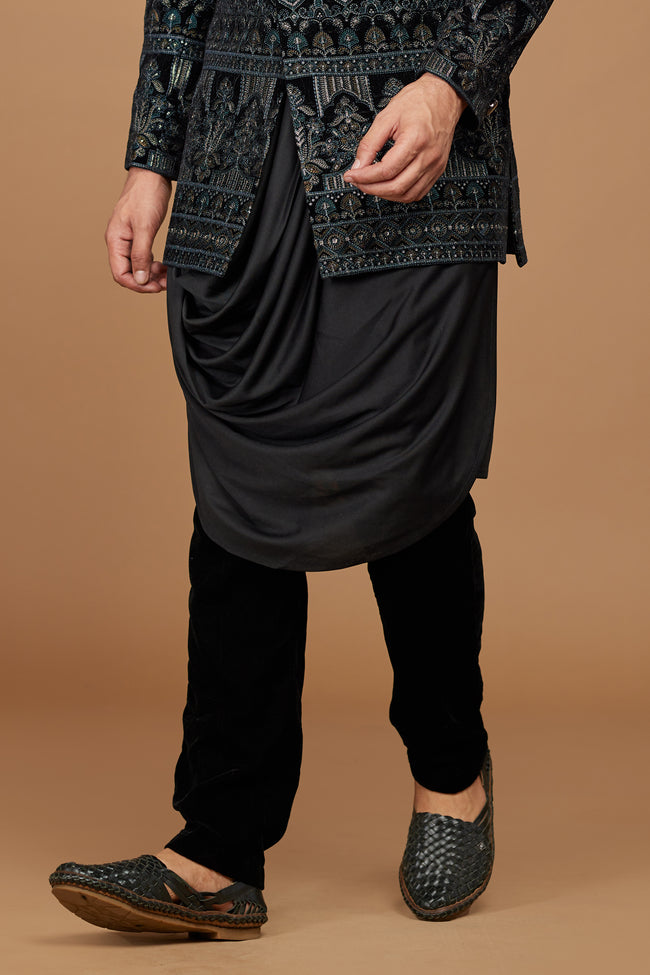 Graceful Black Thread Embroidered Indowestern Set For Men
