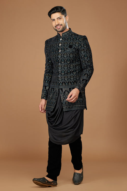 Graceful Black Thread Embroidered Indowestern Set For Men