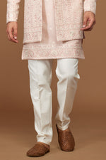 Graceful Peach Weaving Embroidered Indowestern Set For Men