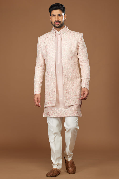 Graceful Peach Weaving Embroidered Indowestern Set For Men