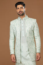 Pista Green Designer Embroidered Jacket Style Indowestern Set For Men