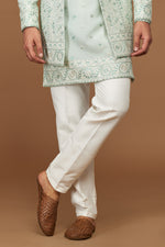 Pista Green Designer Embroidered Jacket Style Indowestern Set For Men