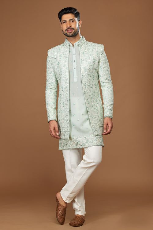 Pista Green Designer Embroidered Jacket Style Indowestern Set For Men