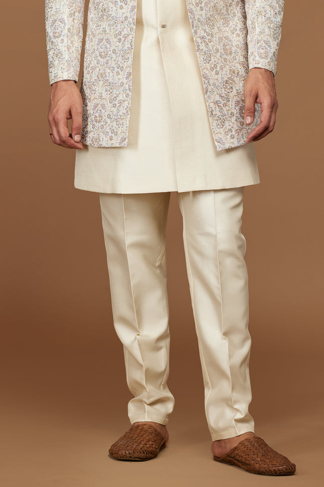 Off White Jacket Style Thread Embroidered Indowestern Set For Men