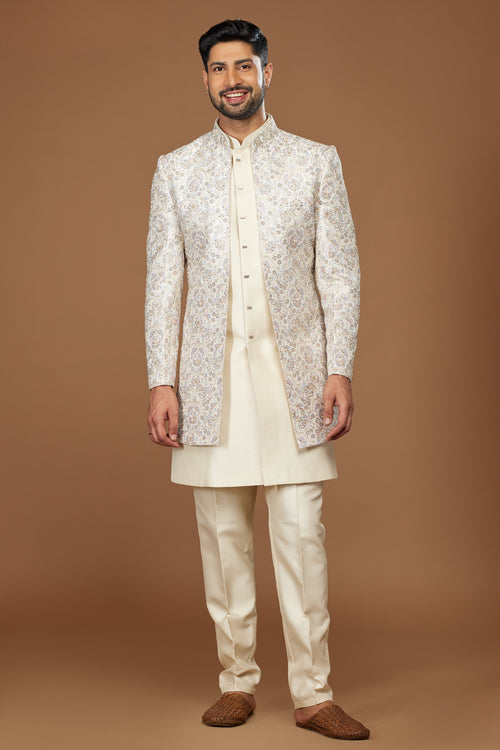 Off White Jacket Style Thread Embroidered Indowestern Set For Men