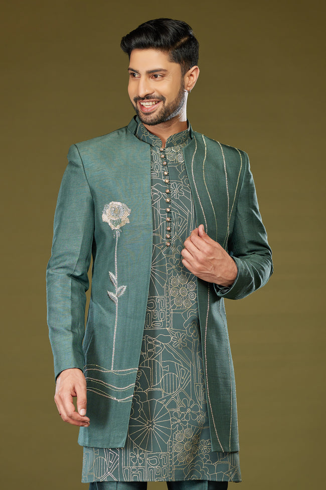 Elegant Palace Green Thread Embroidered Jacket Style Indowestern Set For Men