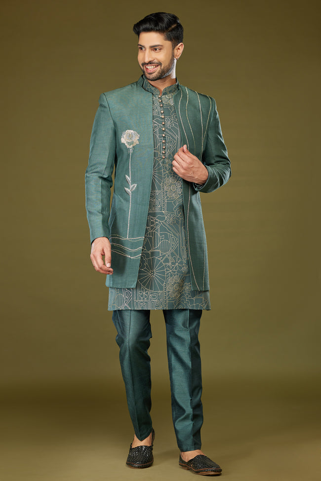 Elegant Palace Green Thread Embroidered Jacket Style Indowestern Set For Men