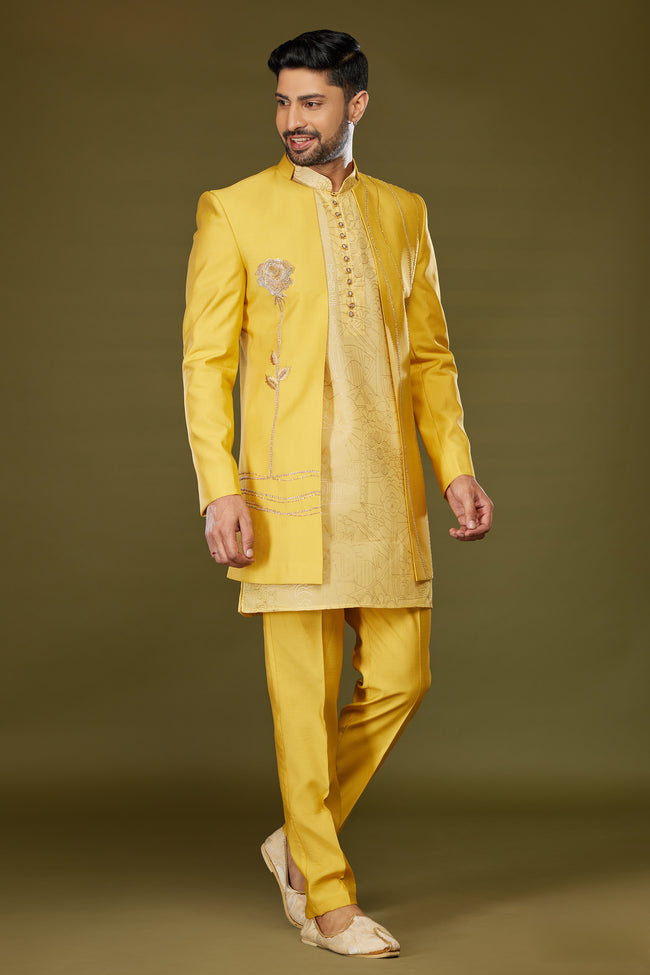 Elegant Yellow Thread Embroidered Jacket Style Indowestern Set For Men