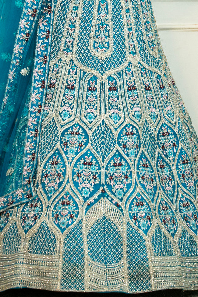 Sky Blue Lehenga In Silver Zari Work  With Thread Embroidery Bridal Lehenga