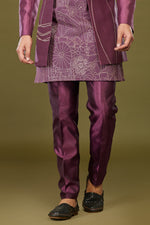 Purple Thread Embroidered Jacket Style Indowestern Set For Men