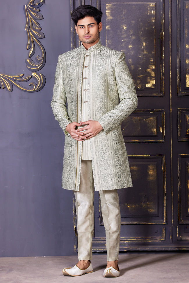 Beige White Jacket Style Thread Work Indowestern For Mens