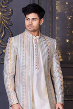 Cream Jacket Style Indowestern In Art Silk For Mens