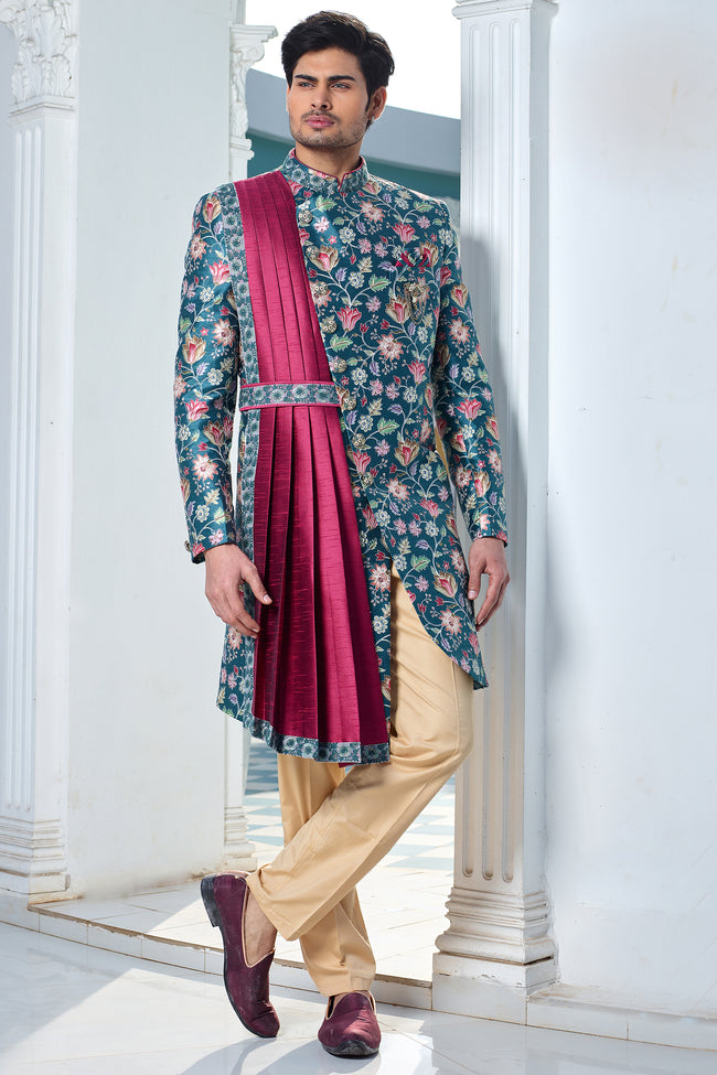 Teal With Golden Colour Designer Indo-Western And Dupatta For Mens
