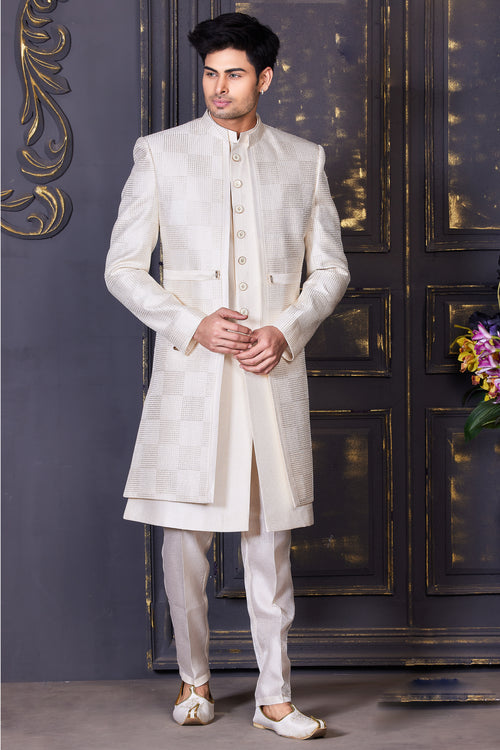 White Readymade Jacket Style Indowestern For Mens