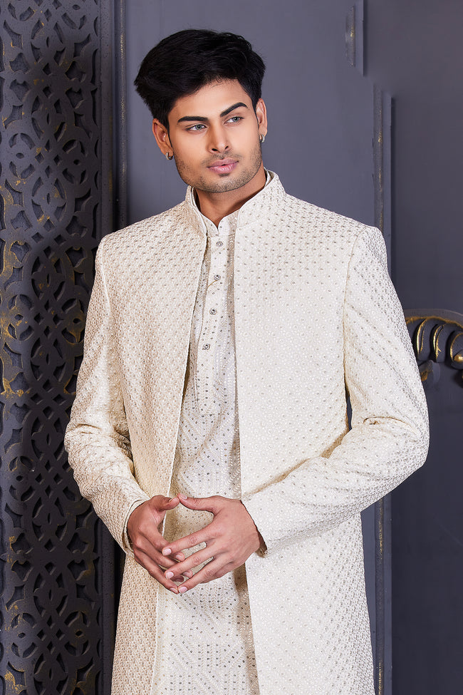 Daisy White Readymade Embroidered Jacket Style Indowestern Set For Mens