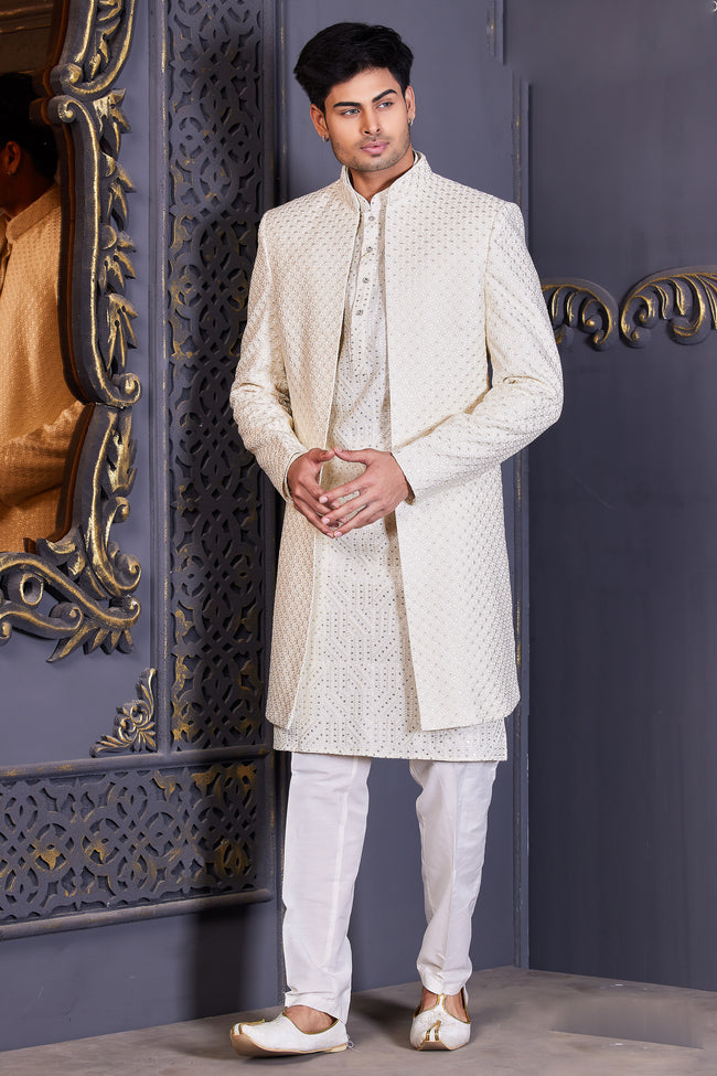 Daisy White Readymade Embroidered Jacket Style Indowestern Set For Mens