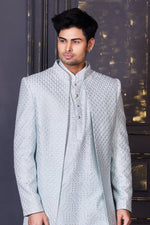 Silver Grey Readymade Embroidered Jacket Style Indowestern Set For Mens