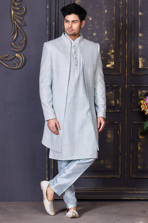Silver Grey Readymade Embroidered Jacket Style Indowestern Set For Mens