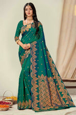 Peacock Green Woven Art Silk Saree With Blouse Piece