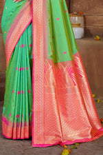 Spring Green With Pink Border Silk Traditional Saree