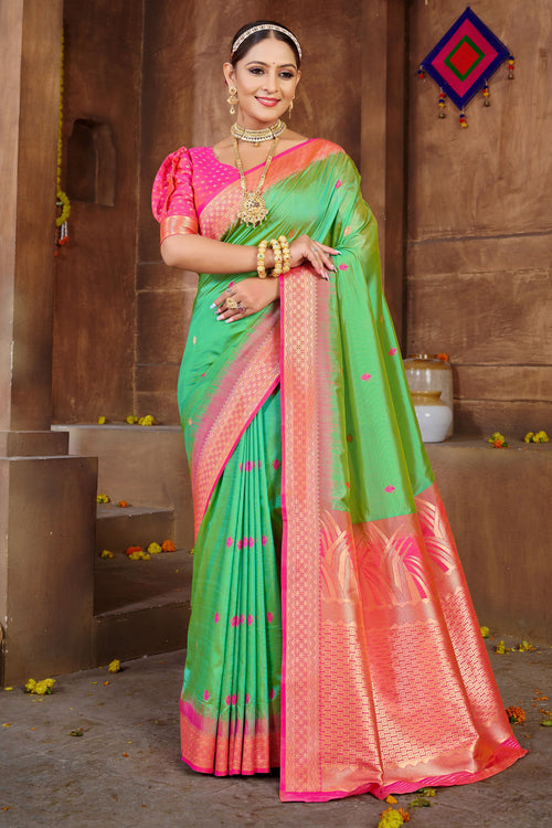 Spring Green With Pink Border Silk Traditional Saree