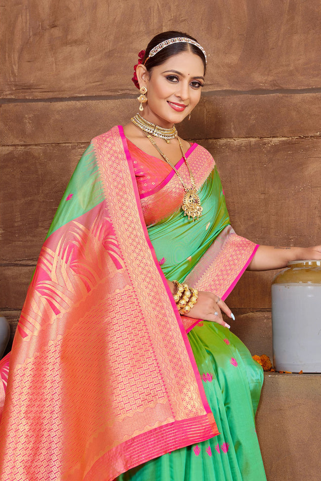 Spring Green With Pink Border Silk Traditional Saree