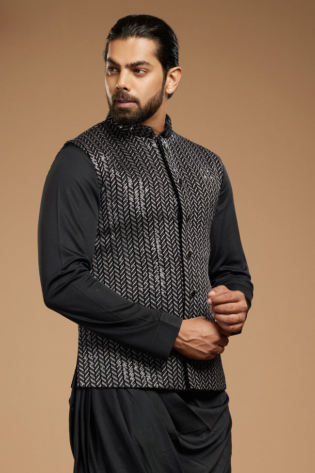 Black Cotton Silk Cowl Style Nehru Jacket Set For Men