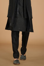Black Sequins Embroidered Nehru Jacket Set For Men