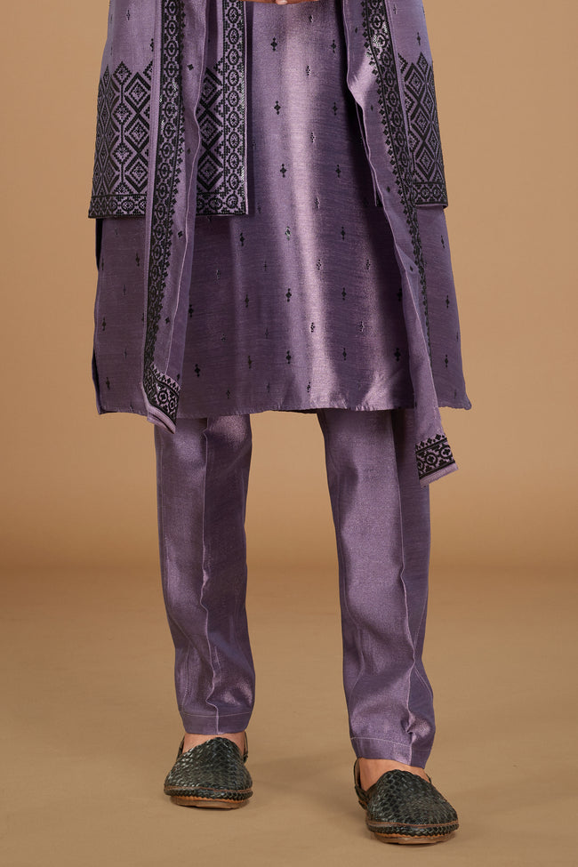 Purple Stylish  Embroidered Nehru Jacket Set For Men