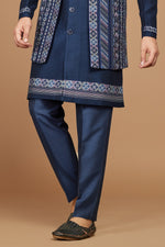Navy Blue Festive Wear Thread Embroidered Nehru Jacket Set For Men